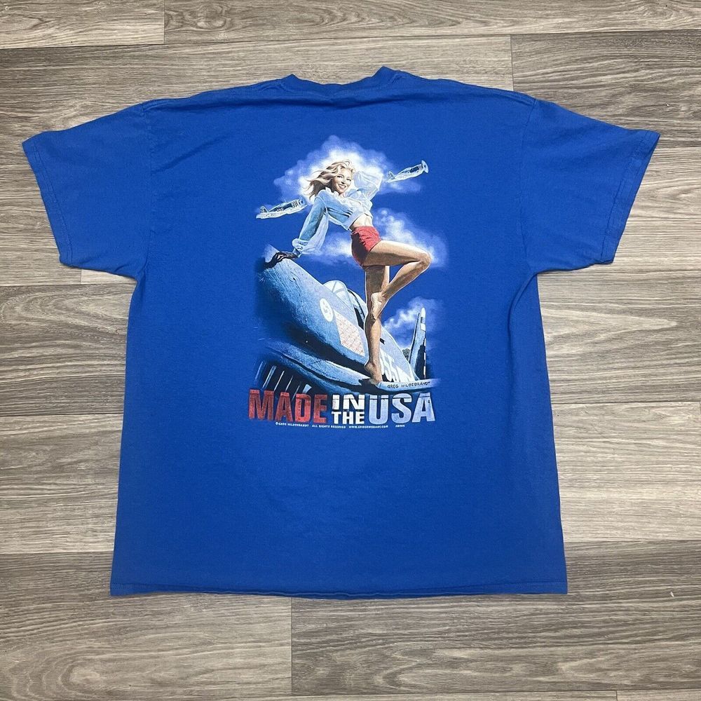 Greg Hildebrant USA Pinup Girl T Shirt Men Extra Large Blue Raunchy RARE Tee
